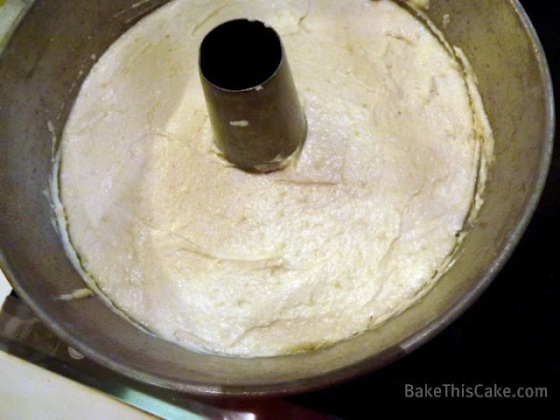 Batter smoothed in baking pan for Abe Lincoln Vanilla Almond Cake Bake This Cake