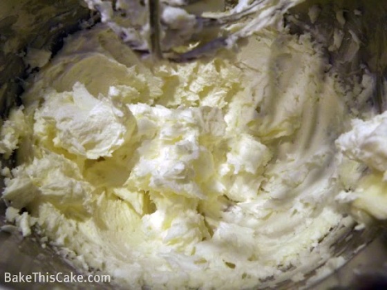 Fluffy creamed butter and sugar for Abe Lincoln Vanilla Almond Cake BakeThisCake