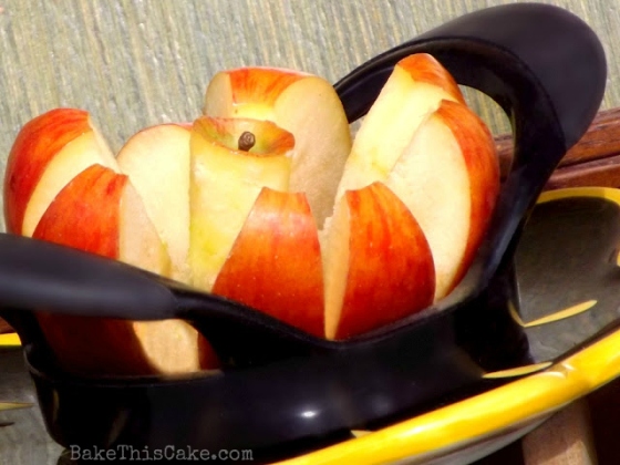 Apples sliced with an apple corer and slicing tool bake thisc ake