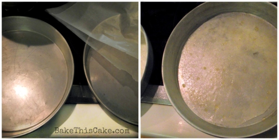 Preparing cake pans with paper and cooking spray for cider cake by BakeThisCake
