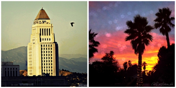 Los Angeles City Hall from PerchLA and Palm Trees at Sunset by Leslie Macchiarella